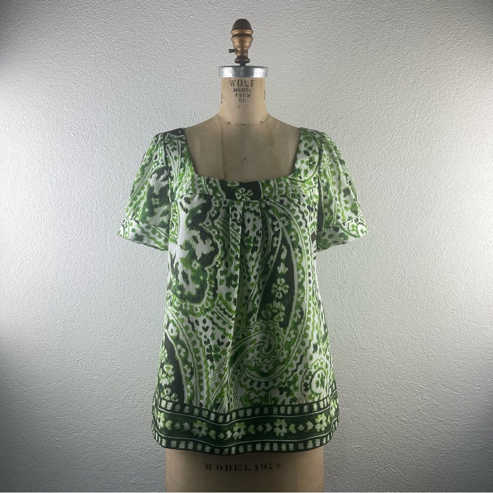 Banana Republic l S Green Silk Ikat Paisley Puff Sleeve Square Neck Babydoll Top